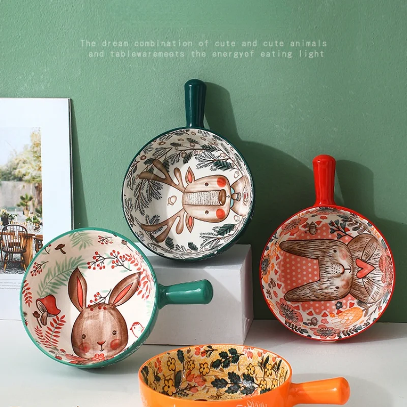 

2022New Creative Cartoon Handle Bowl Household Fruit Salad Bowl Tableware Cute Animals Instant Noodle Bowl Ceramic Baking Bowl