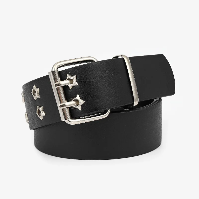 

Fashion Men Women Punk Chain Belt Adjustable Black Double Single Star Eyelet Grommet Metal Buckle Leather Waistband For Jeans