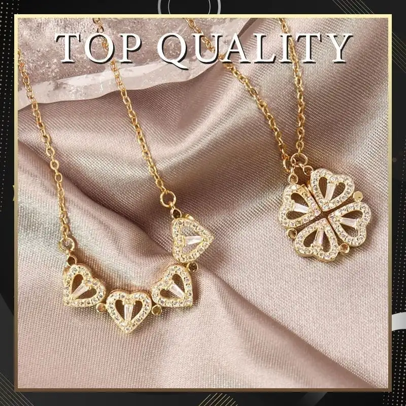 

Four Leaf Heart Shape Necklace 4 crystal heart flower pendant necklace gold silver color Women Love Clavicle Chain Gifts