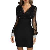 dimi mesh stitching short dresses party vestidos elegant black shiny women dress spring sexy long sleeve v neck mini dress