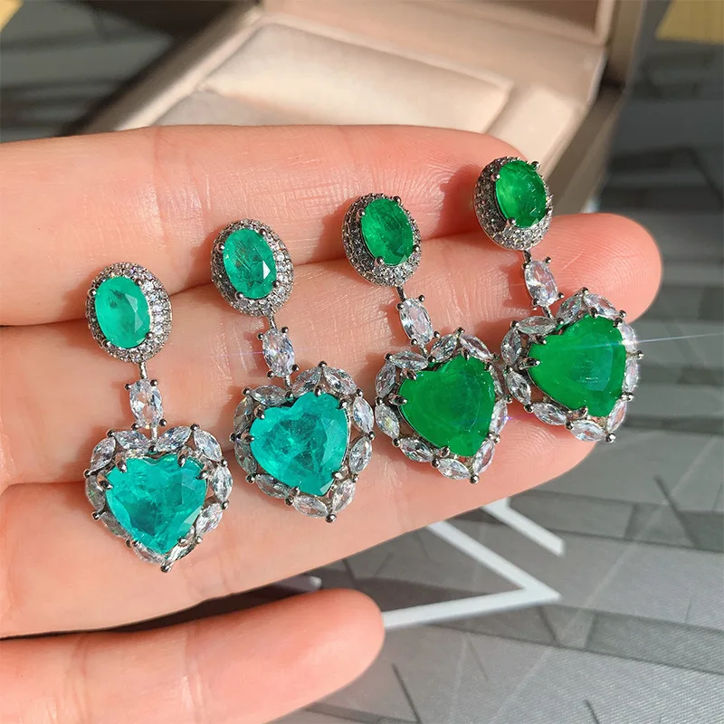 

Vintage Heart Paraiba Tourmaline Emerald Gemstone Earrings for Women 925 Sterling Silver Wedding Anniversary Fine Tassel Jewelry