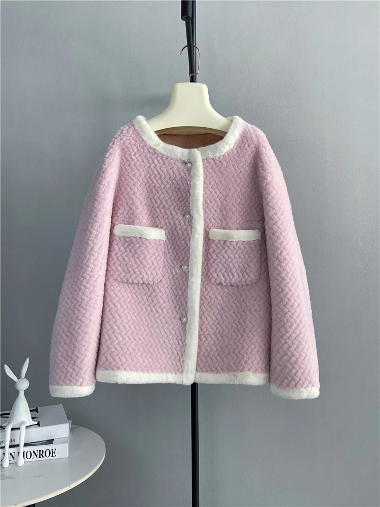 

Genuine luxury 2023 new round neck small fragrant lamb wool coat short loose young fur one winter sheep shearing