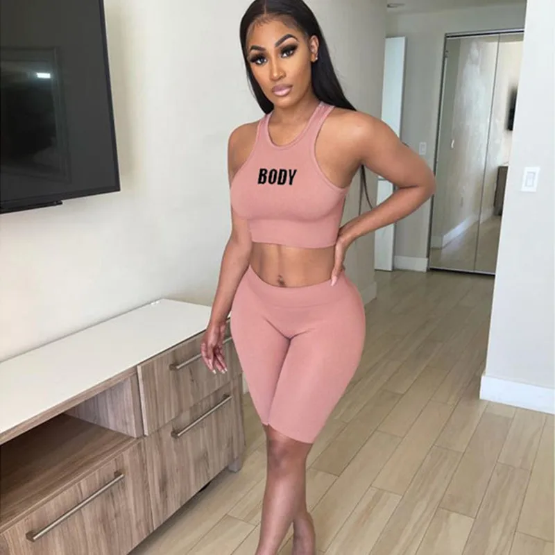

Balogun Summer Casual Womens 2 Two Peice Sets Outfits Print Sleeveless Bodycon Crop Top Skinny Shorts Sets Pink Matching Sets