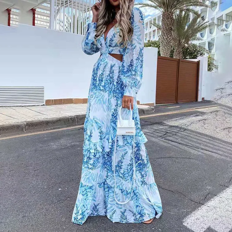 

Summer Women Sexy Maxi Dress V Neck Backless Hollow Out Lantern Sleeve Club Party Long Dresses Female Tunic Beach Cover Up