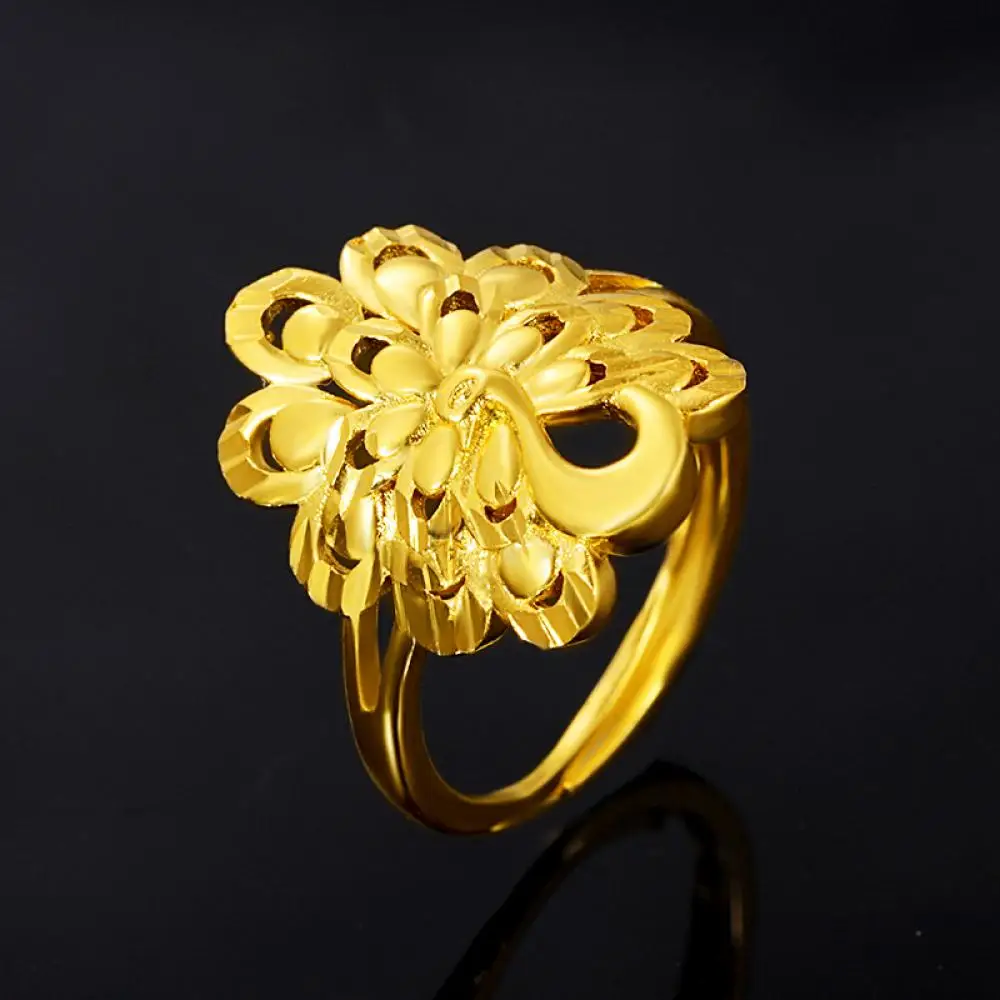 

HOYON Real 18k gold Color women jewelry Retro Style Flower Ring Exaggerated Opening Adjustable Female Phoenix Tail Ring Jewelry