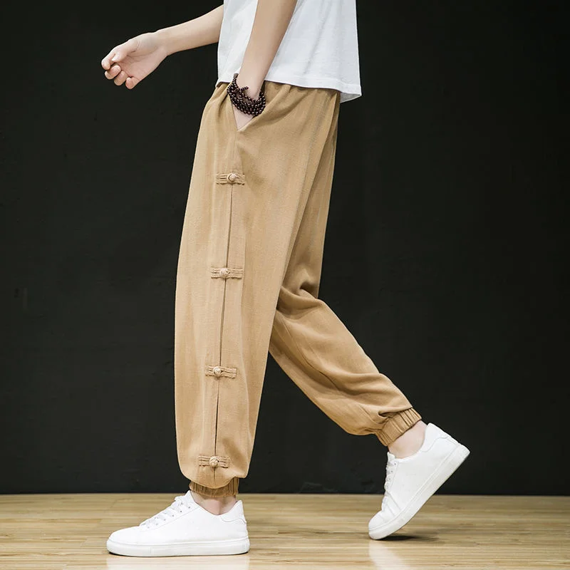 

MrGB Men's Casual Pants Chinese Style Button Tang Suit Cotton Linen Large Size Solid Joggers Trousers Vintage Male Harem Pants