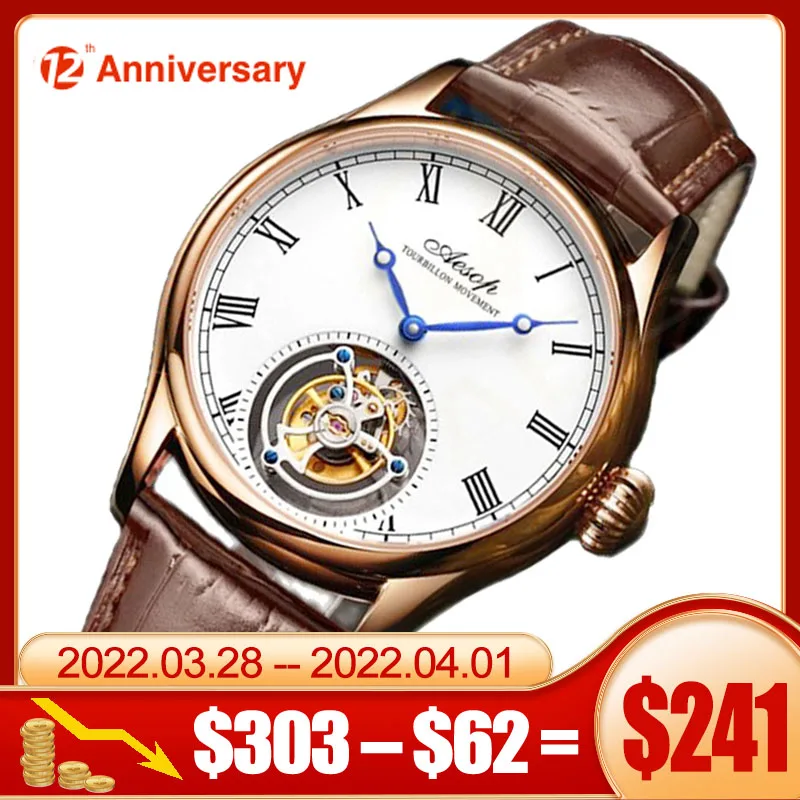 

AESOP 7021 Stainless Steel Tourbillon Mens Watch Luxury Sapphire Watch Flying Movement Waterproof Wristwatch Rosegold Case