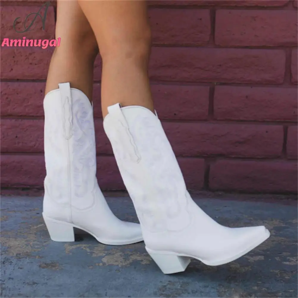 Cowboy White Western Sewing Floral Mid-calf Boots For Women 2023 Spring Summer Pointed Toe Chunky Heels Cool Cowgirl Boots Shoes