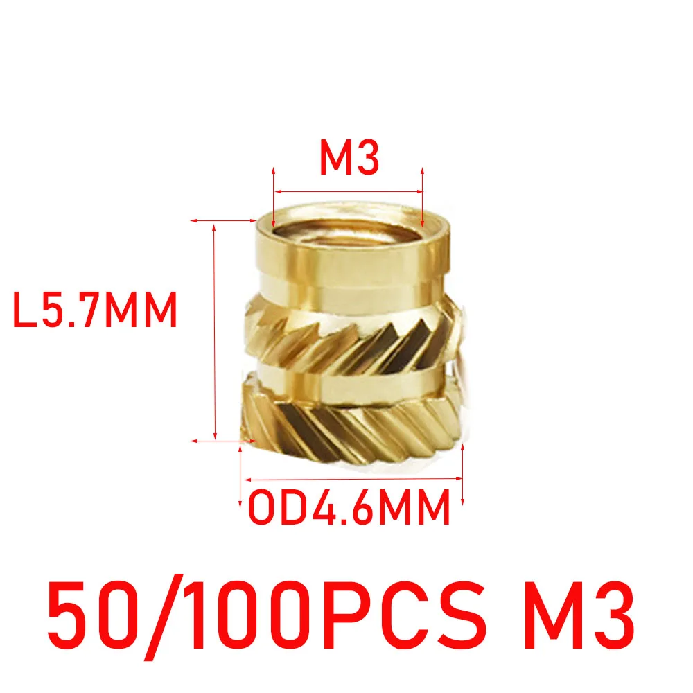 

50/100pcs M3 M3*5.7-OD4.6 Thread Knurled Brass Double twill pattern Heat Set Heat Resistant Insert Embedment Nut for 3D Printer