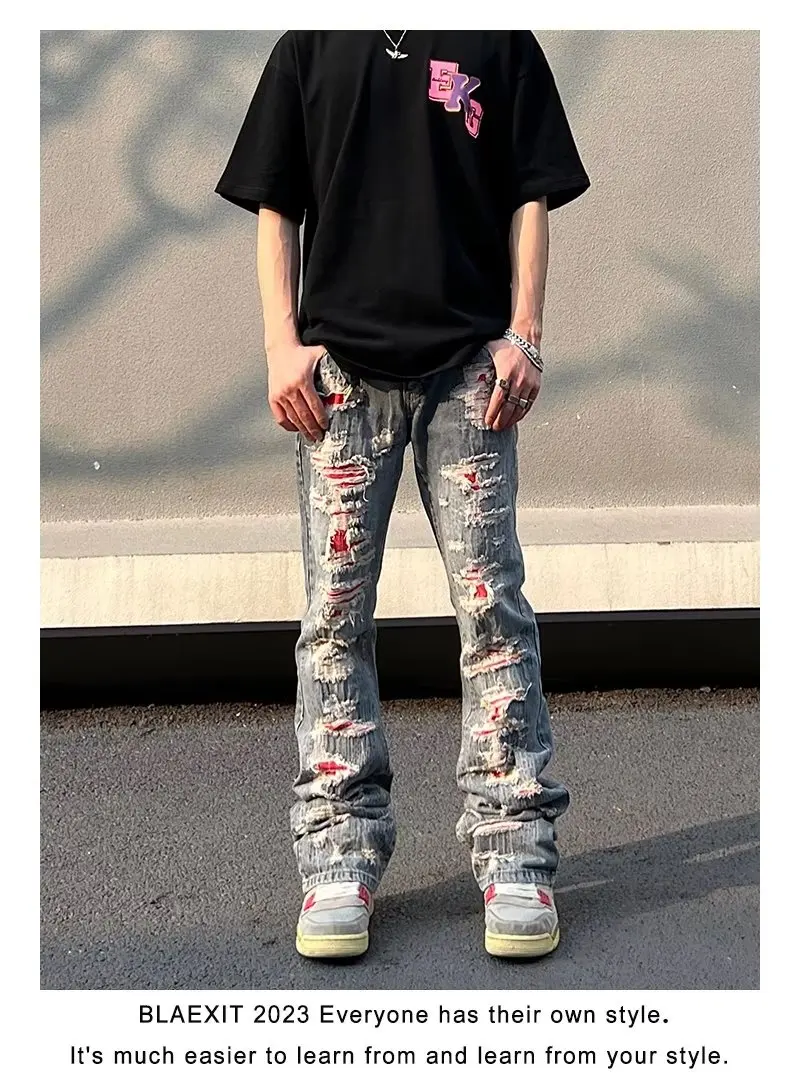 y2k Men Jeans High Street Washed Cat Beard Harlan Patch Jeans for Men Worn Out Slim Fit Slim Feet Men's Pants Jeans Streetwear