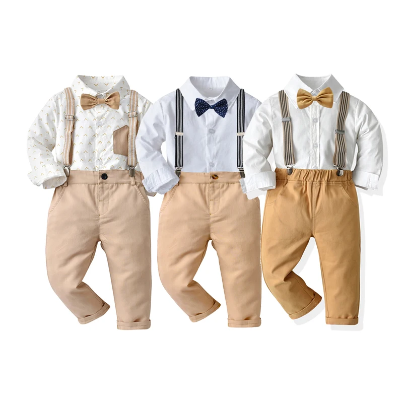 Gentleman Clothes for Kids Boy 1 2 3 4 5 6 7 Year Old Kids Blouse + Suspender Pants Children Brown Wedding Suit Birthday Outfit
