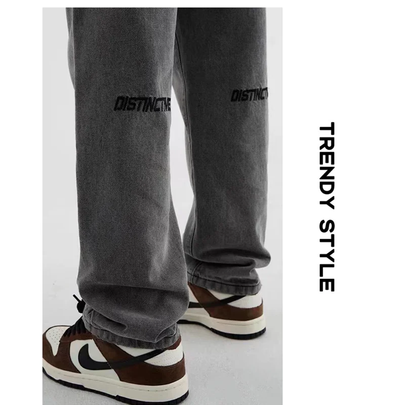 Streetwear Men 2022 Fashion New Pattern Vintage Recreational Grey Jeans Loose Straight Cylinder Broad Leg Trousers Autumn Female