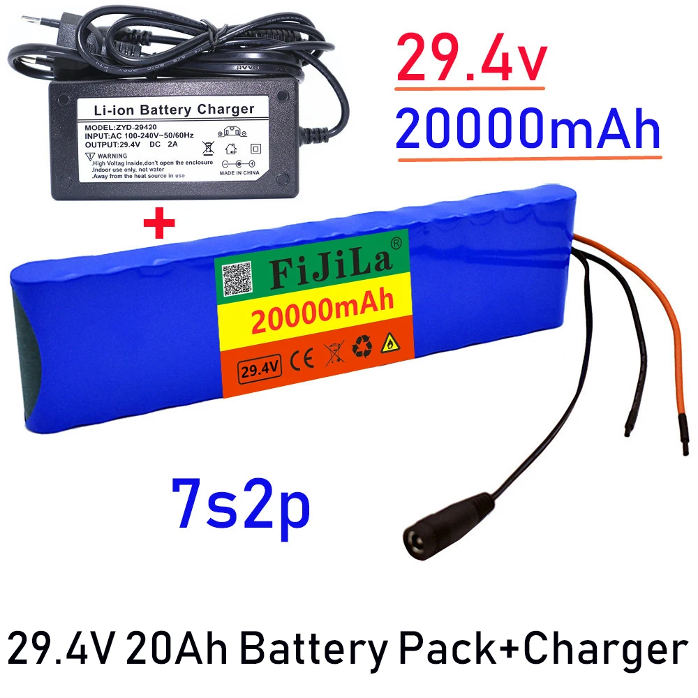 

24v 20ah 7s2p 18650 li-ion rechargeable battery 29.4v 20000mah electric bike moped balancing scooter + 2a charger