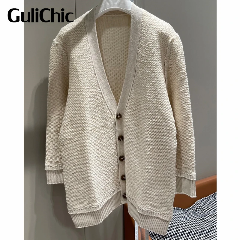 

9,7 GuliChic женский винтажный однотонный свободный льняной вязаный кардиган с V-образным вырезом и длинным рукавом