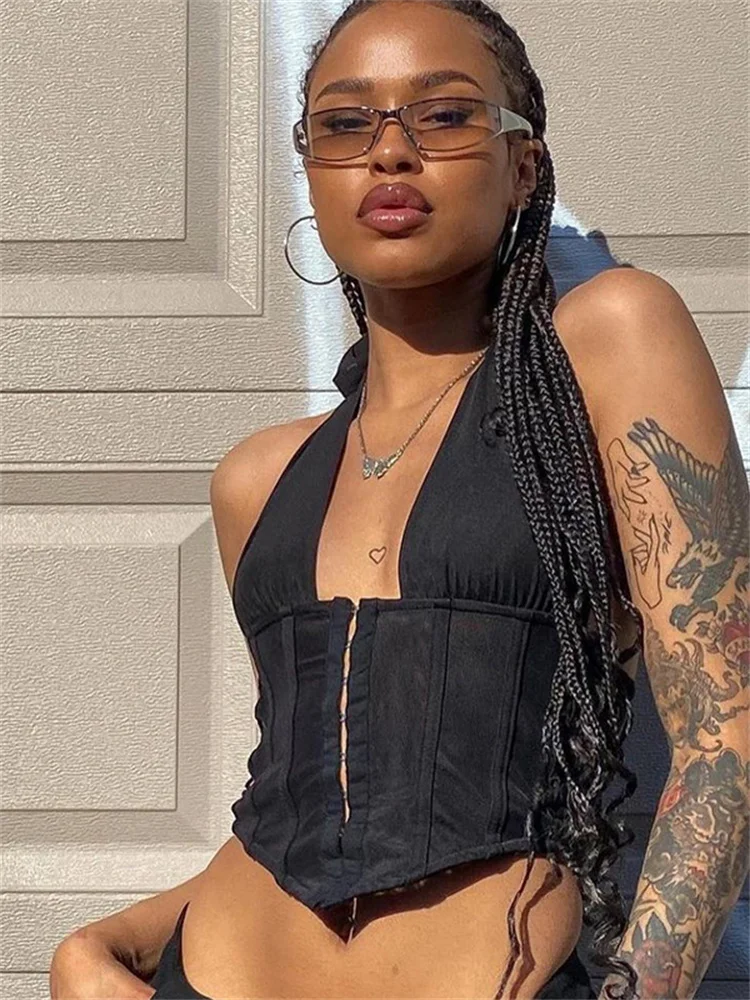 

Майка CHRONSTYLE женская с лямкой на шее, однотонный короткий мини-жилет с завязкой сбоку, Облегающая майка с открытым пупком и пряжкой, лето 2022