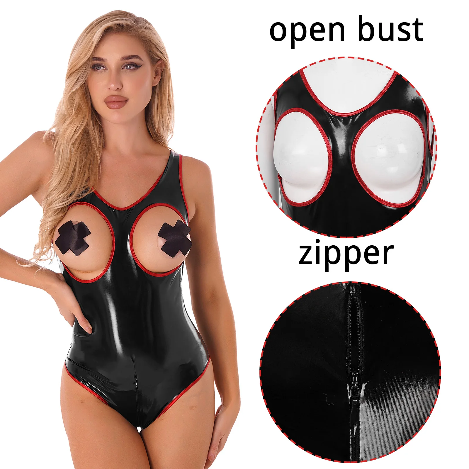 

Women Sexy Teddies Clubwear Party Latex Bodysuit Open Cup Zipper Crotch Catsuit Glossy Patent Leather Party Pole Dancing Leotard