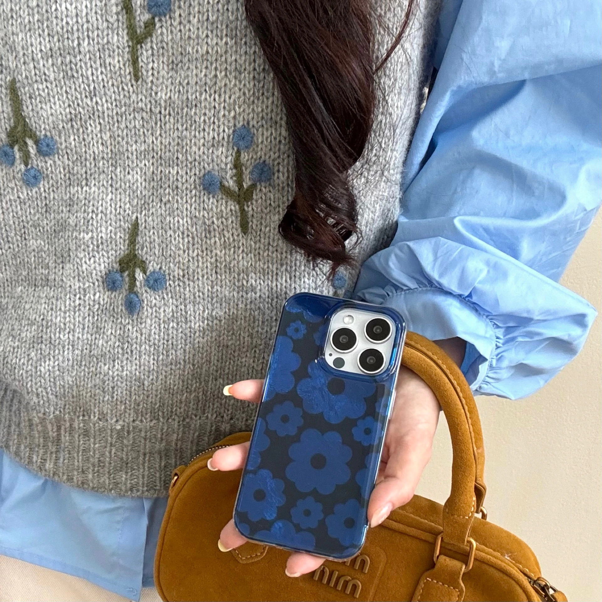 Новый модный чехол для телефона с синим и черным цветком iPhone 16 16pro 16promax 15 15pro 15promax 14