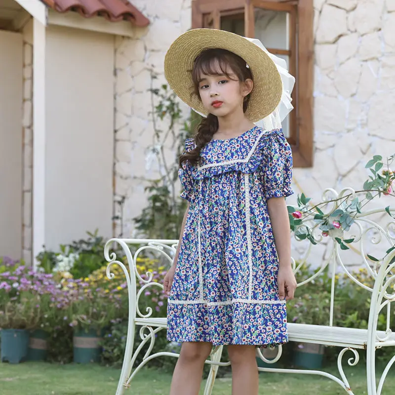 

Новинка 2022, платья для девочек с цветочным принтом, детское хлопковое платье принцессы в пасторальном стиле, платья, Детская Повседневная Свободная одежда