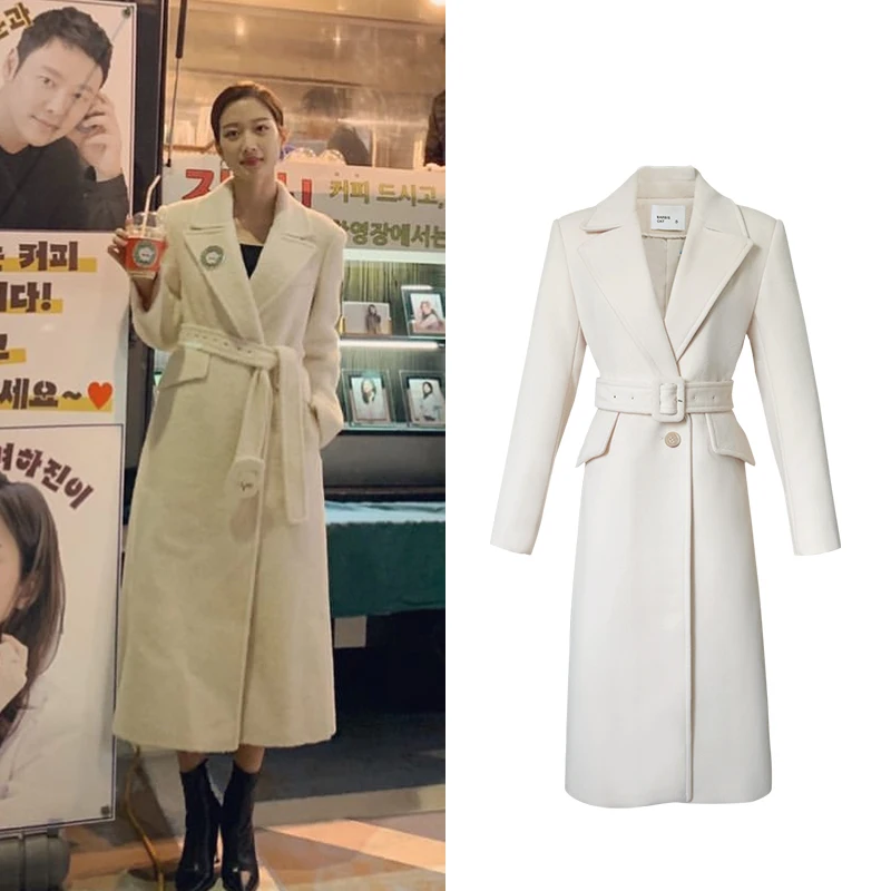 

Wool Coat Women Korean Drama TV Star White Elegant Long Coat Jacket With Belt Women's Trench Coat Outwear Autumn Winter