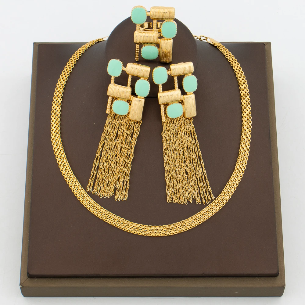 

Trend Gold Plated Jewelry Set for Ladies Colored Stone Tassel Earrings and Ring with Choker Daily Wear Birthday Party Jewellery