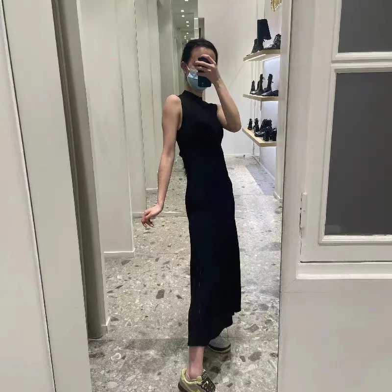 

Women Slim Fit Waist Hole Sleeveless Knitted Midi Dress