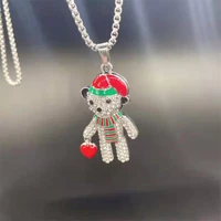 europe and america christmas gift full diamond red peach heart bear necklace fashion simple pendant sweater chain accessories