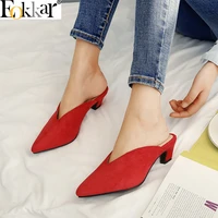 eokkar 2019 flock women mules med heel pumps shoes pointed toe slip on strange heels casual single shoes black plus size 34 45