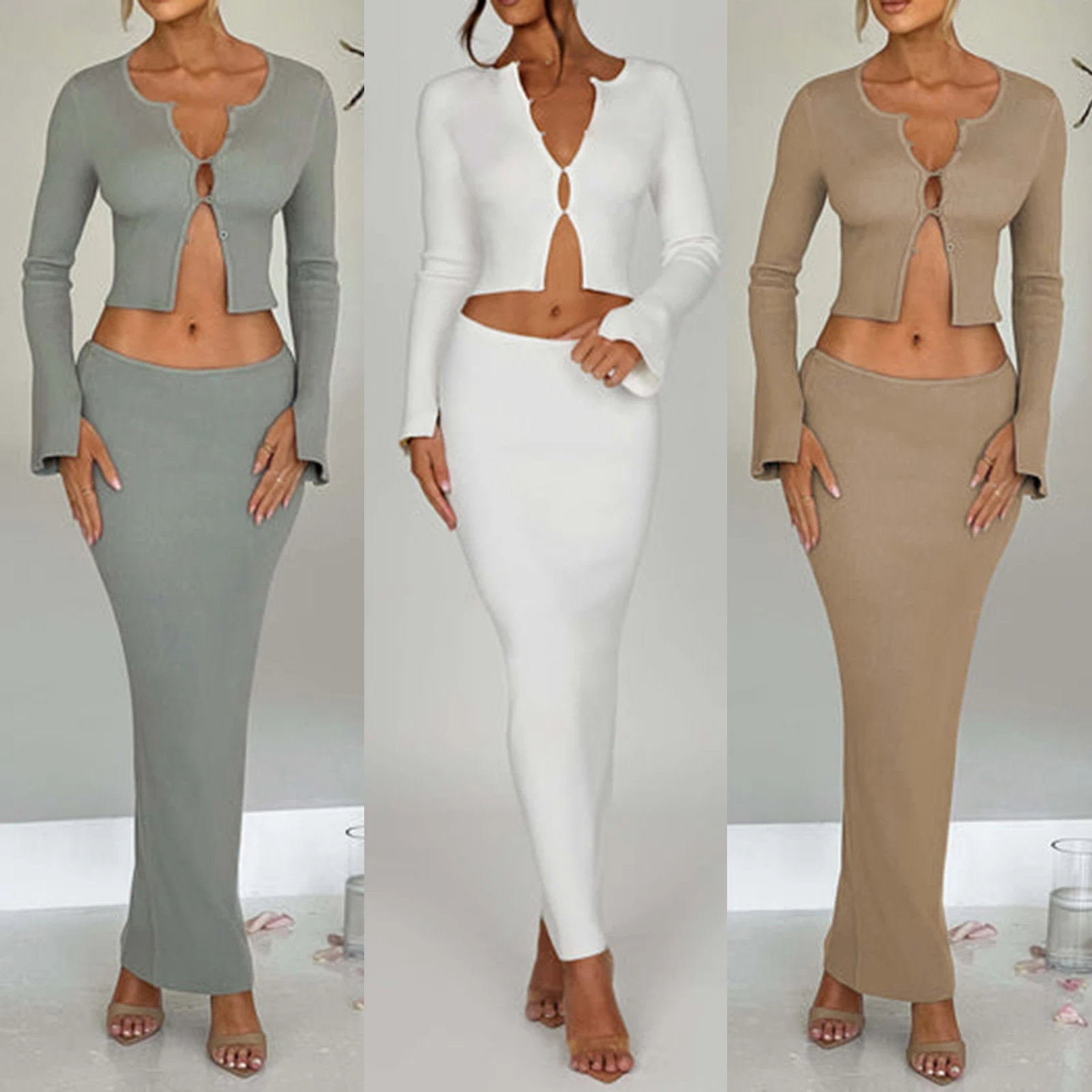 

Knitted Winter Women Sexy Sweater Skirt Suit Y2K Fashion Single Breasted Long Sleeve Crop Tops Long Skirt Dress Two Piece Sets