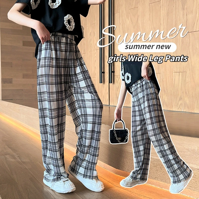 

Girls Wide Leg Pants Summer Thin Children Loose Plaid Hot Pants Elastic Waist Pleated Kids Clothes 12 Years Teenager Trousers