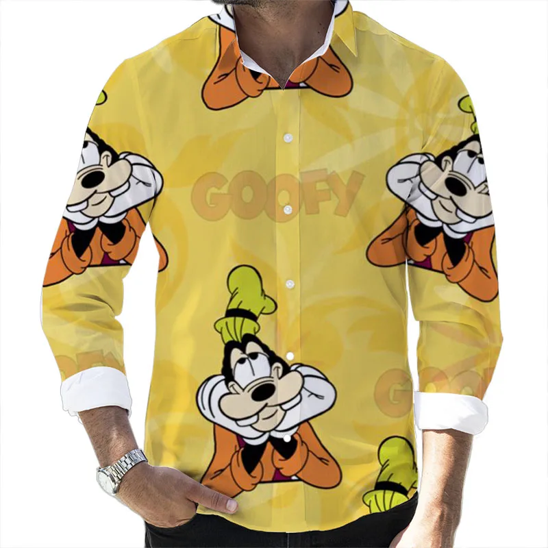 2024 Fall New Disney Donald Duck Mickey and Goofy Brand Cartoon Casual 3D Printed Long Sleeve Lapel Shirt Slim Fit Men's Top