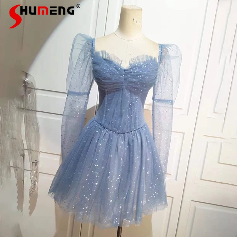 

2022 Spring and Summer Korean Style Starry Sky Sequins Mesh Birthday Dress Princess Women's Corset Slimming Long Sleeve Dresses
