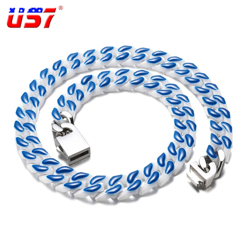 

US7 Spring Buckle Dripping Oil Ceramics Cuban Link Chain 12MM Stainless Steel Necklace For Men Women Hip Hop Rapper Jewelry