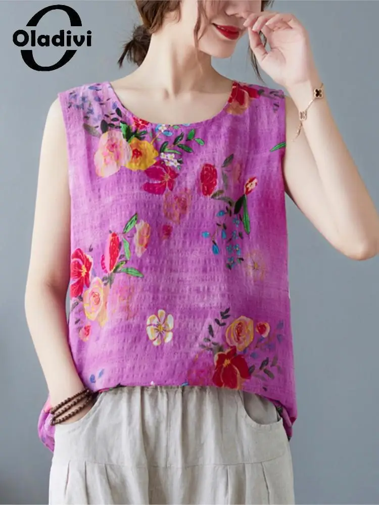 

Oladivi Женская мода с цветочным принтом без рукавов майки и камисоли летняя новая Повседневная Свободная майка топ рубашки оверсайз одежда 3486