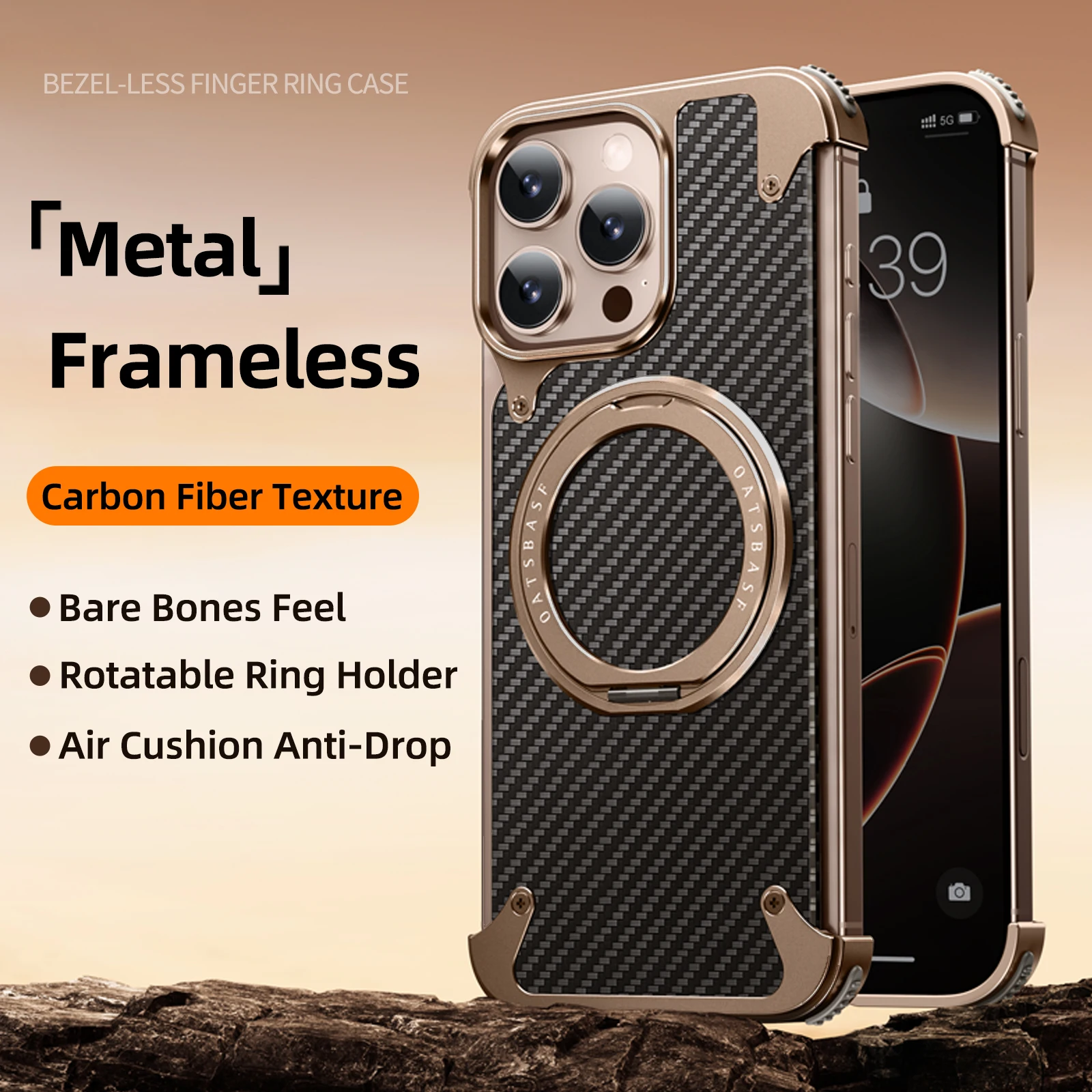 Eary for iPhone 16 15 14 Pro Max Phone Case with Magsafe Kickstand Magnetic Ring Stand Carbon Fiber Frameless Shockproof Cover