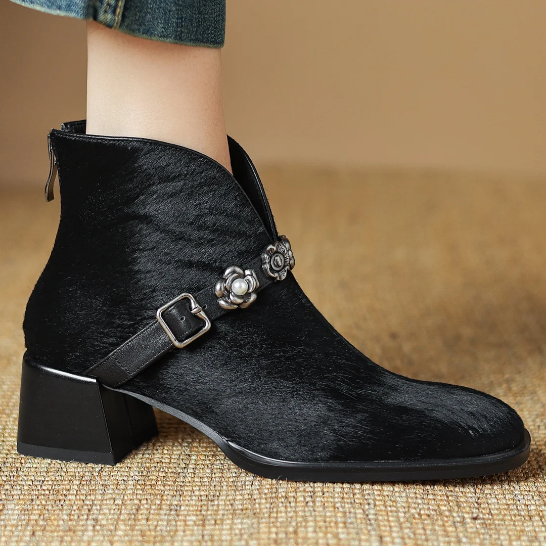 Женские осенние ботильоны из конского волоса с металлической пряжкой и молнией