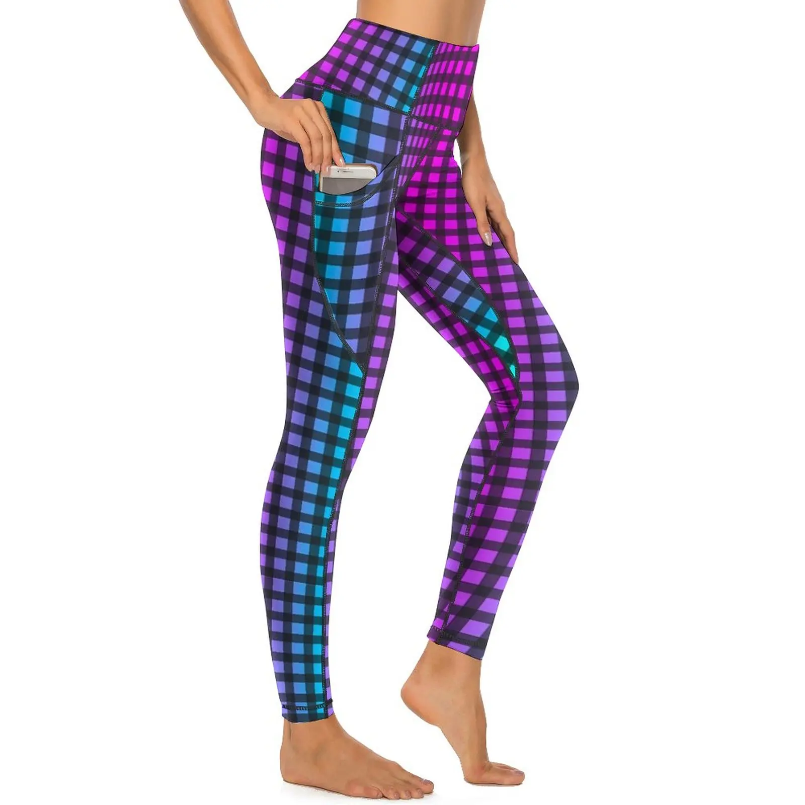 

Purple Blue Gingham Leggings Sexy Ombre Print Gym Yoga Pants High Waist Stretch Sports Tights Pockets Cute Graphic Leggins