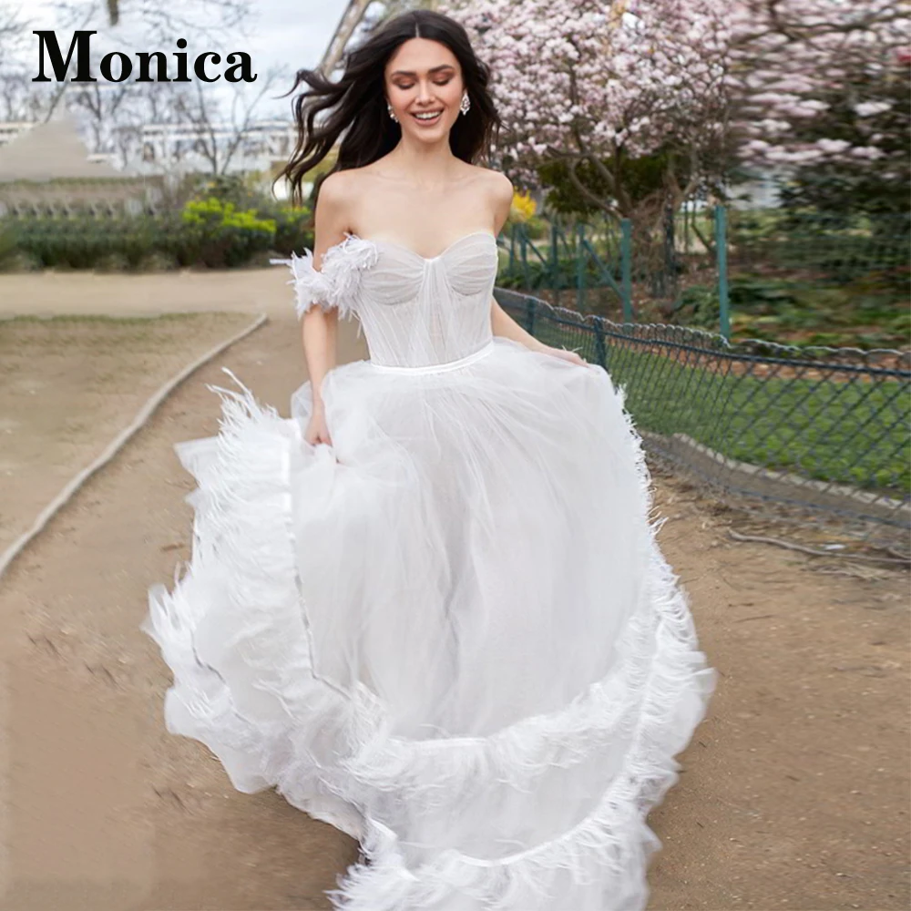 

MONICA Glamorous Feathers Sweetheart Off The Shoulder Wedding Dresses Tulle For Mariages Customised Vestidos De Novia Brautmode