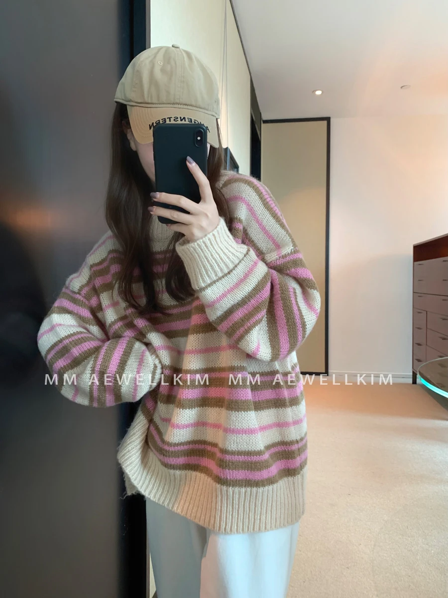 ADER ERROR Autumn/Winter niche design high-end men and women's loose and lazy style pink striped milk hoo sweater