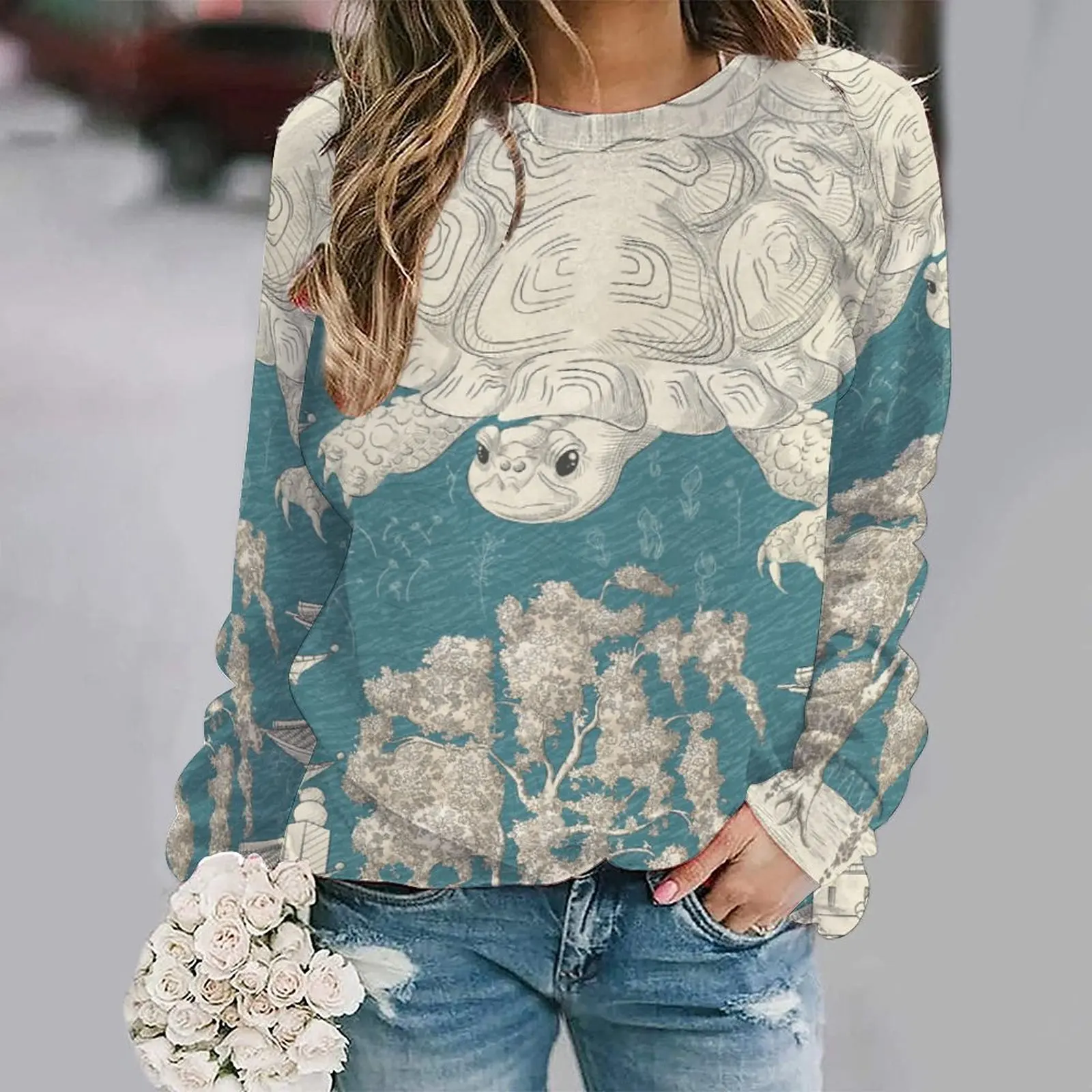 

Women Turtle Crab Fish Animal Print Loose Oversize Sweatshirts Streetwear Casual Autumn Winter Long Sleeve Pullovers Hoodies