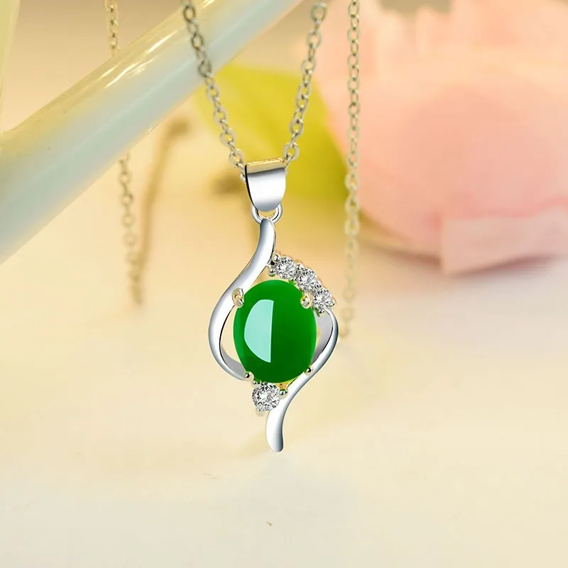 Овальный Кулон из натурального зеленого нефрита с халцедоном ожерелье серебра 925