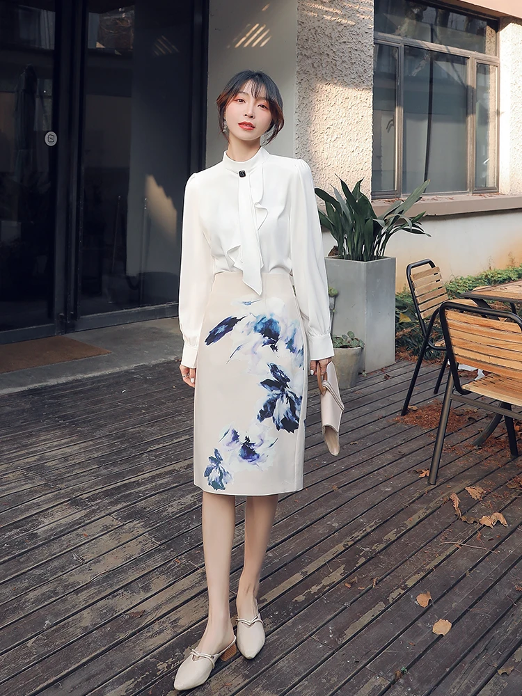 Women Elegant White Shirt And Beige Floral Skirt 2PCS Suits Sets Office Lady Tie Neck Tops And Pencil Skirts Twinset Outfit 2022