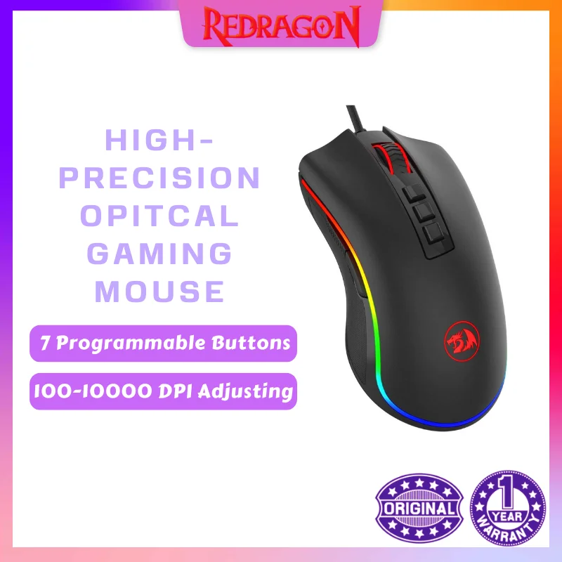 Мышь игровая Redragon M711 Cobra RGB, проводная оптическая, 10 000 DPI, 7 кнопок для макросъемки