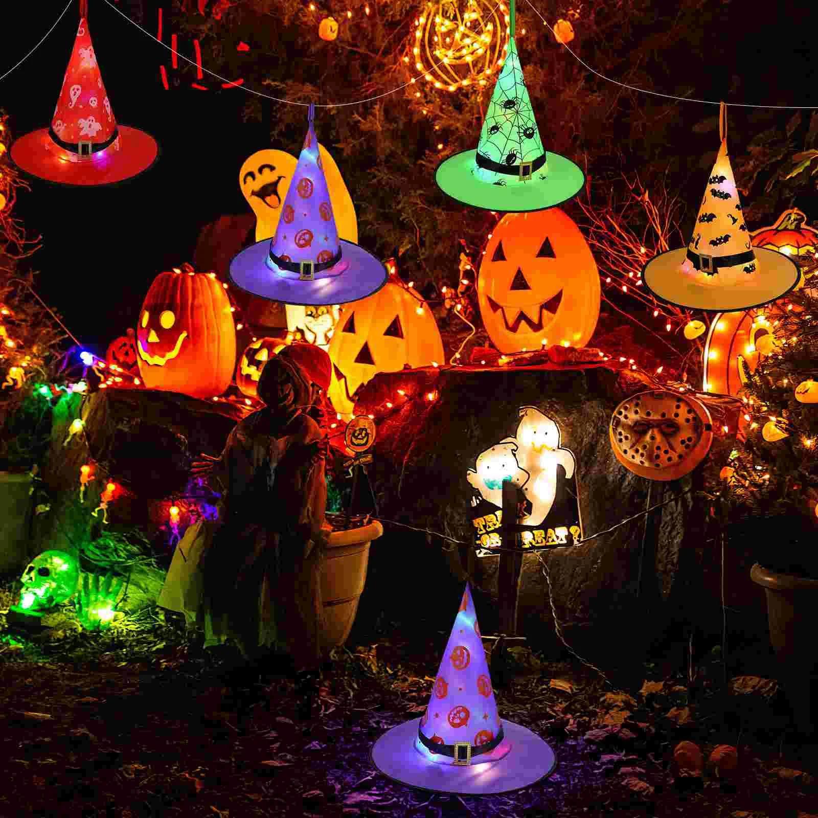 

Lantern Witch Hat Outdoor Decorations Hanging Hats Party Supplies Lighted Glowing Polyester Taffeta Halloween Yard