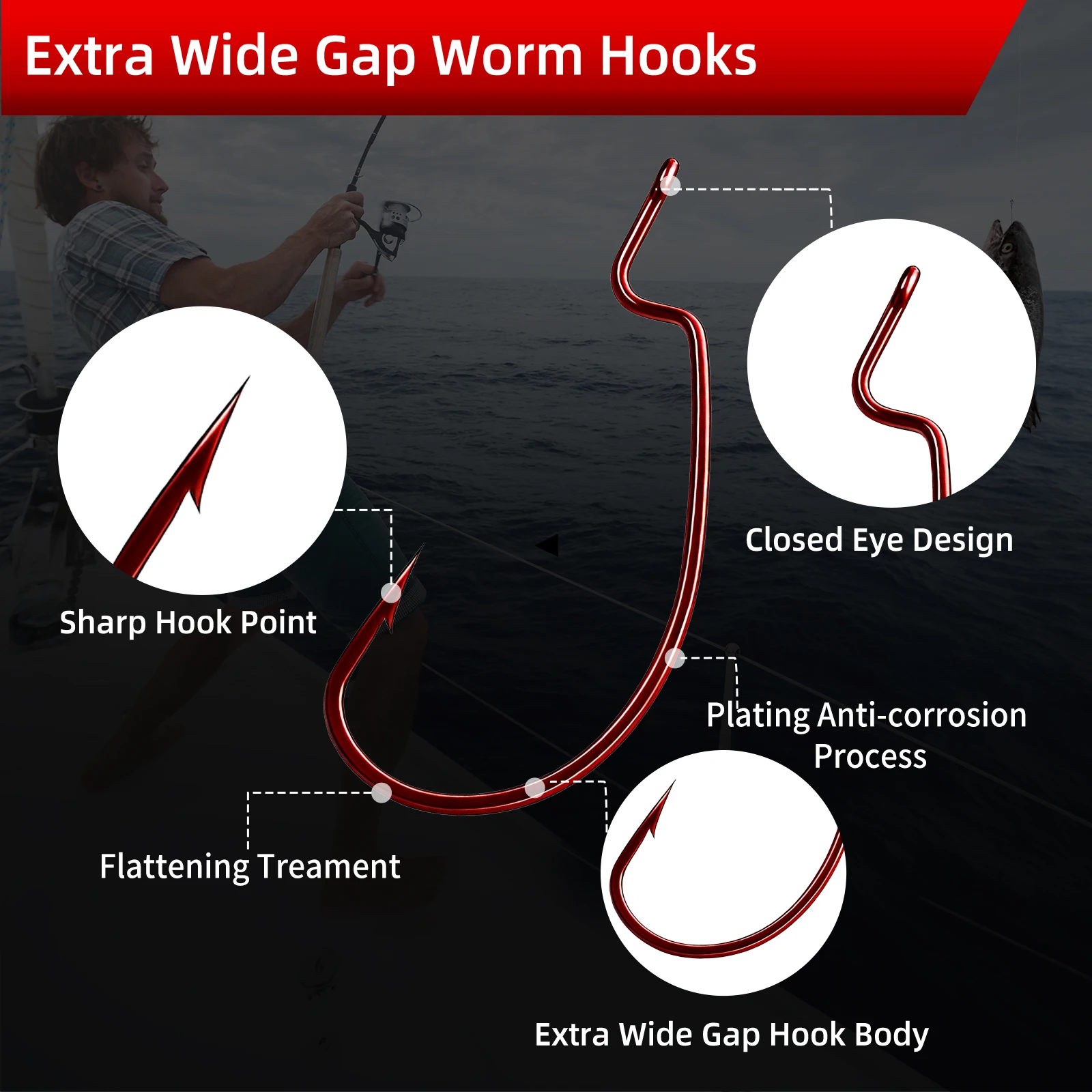 Фото Крючки FishTrip Red EWG, 25-100 шт., смещенные крючки для рыбалки на окуня, сверхширокие смещенные крючки для пресноводной рыбалки, оснастка Carolina/Texas №2