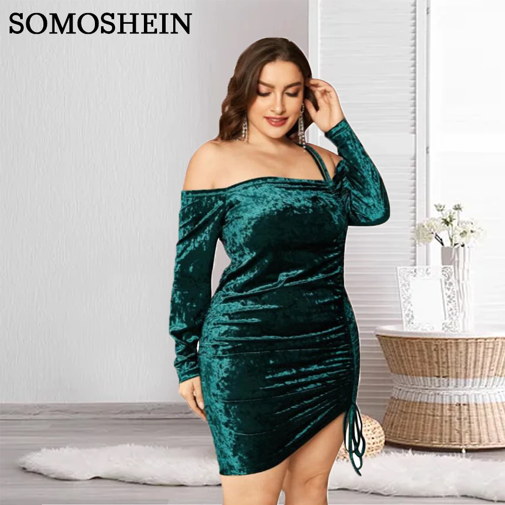 

SOMOSHEIN Plus Size Women Clothing Slash-Neck One-Shoulder Drawstring Pleated Dress Sexy Club Party Dress Wholesale Dropshipping