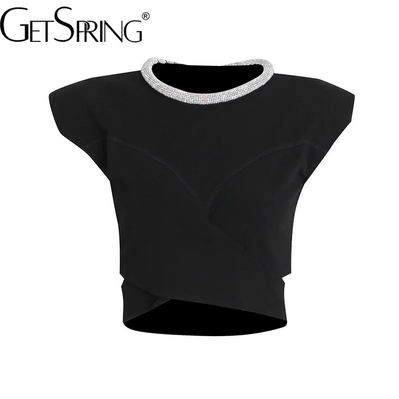 

GetSpring женская футболка, темпераментная черная футболка с круглым вырезом и открытой спиной, с бриллиантами и коротким рукавом, модная футбо...