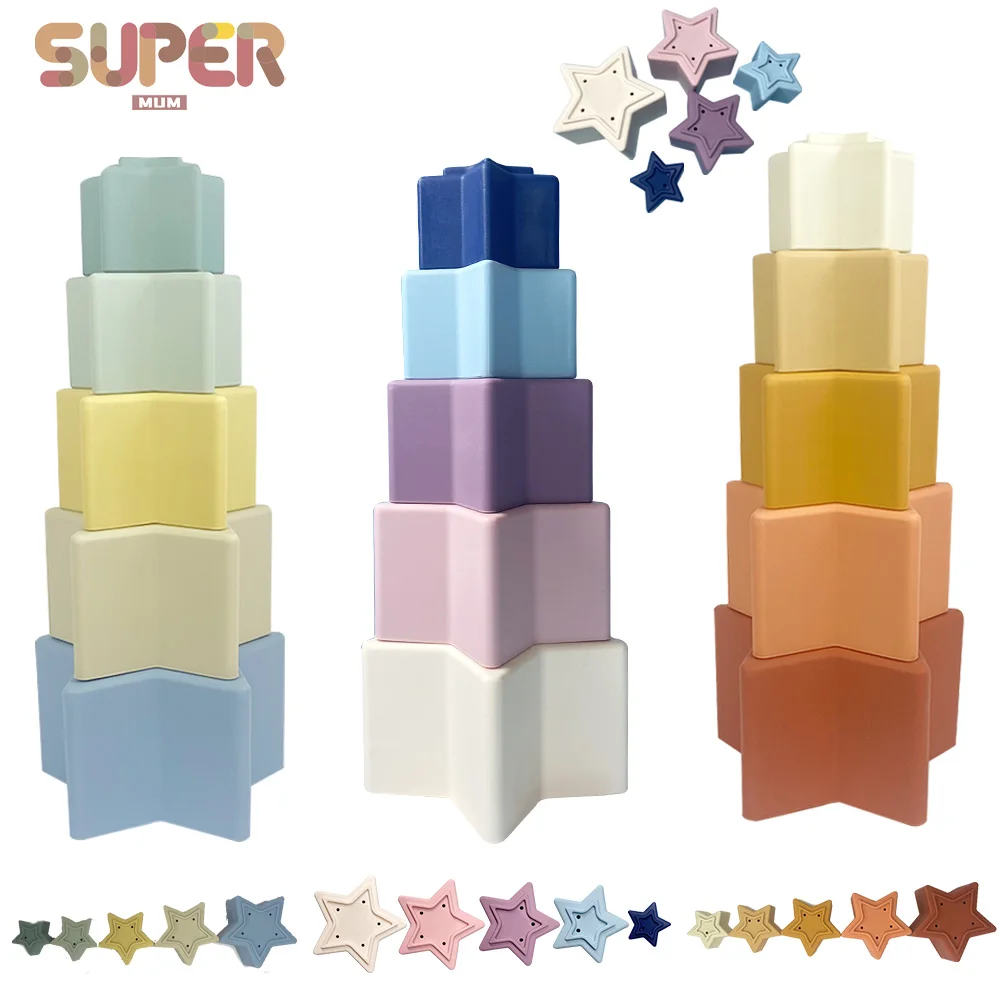 1Set Silicone Stacking Toys Baby Teether Soft Building Block Star Bath Early Educational Montessori Tower Newborn Gift Kids Toy - купить по