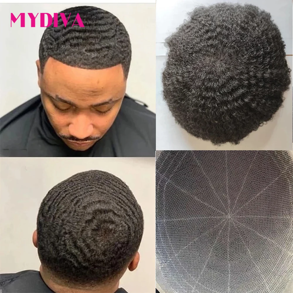 Afro Toupee for Black Men Afro Kinky Curly Mens Toupee Human Hair Transparent Full Lace African American Afro Wavy Men Hair