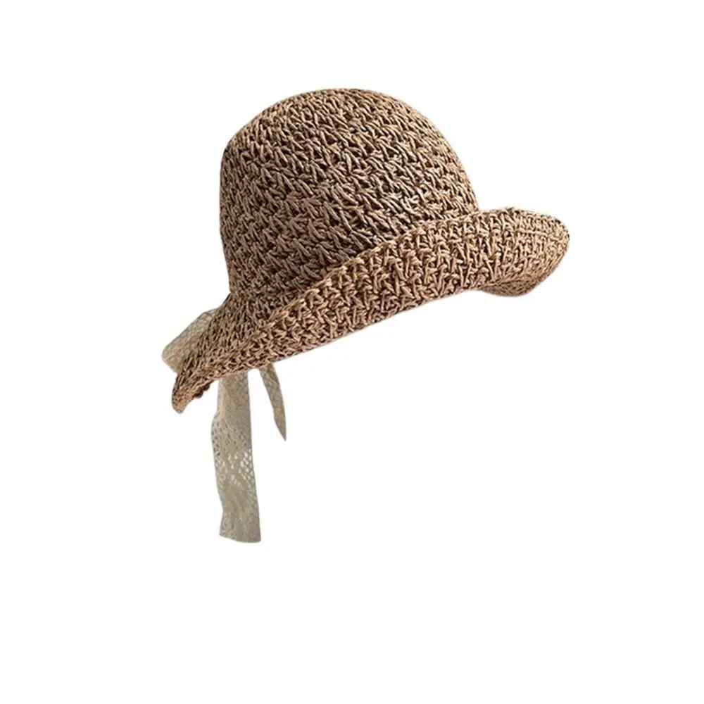 

Складная дорожная кружевная шляпа в британском стиле с бантом, соломенная шляпа ручной работы, плетеная шляпа от солнца