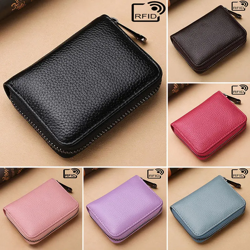 Cowhide Leather Id Credit Card Holder Wallet Coin Purse Zipper Organizer Multi-Slot Card Bag Zipper Wallet Holder